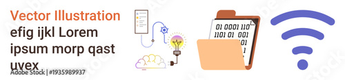 Data sharing, online networking, innovation, digital storage, wireless communication, and brainstorming. Illustration features binary folder, wireless symbol and innovation elements. Data sharing