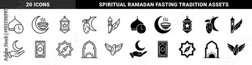 Islamic ramadan hybrid religious elements combining crescent moon with bowl date fruit and prayer rug in outline and solid glyph style for muslim culture
