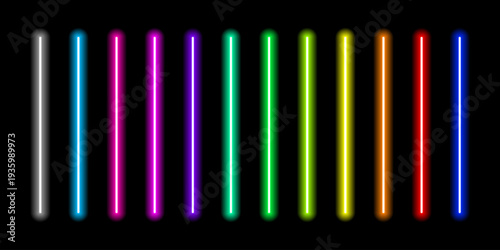 Set of twelve vibrant vertical neon light tubes in multiple rainbow colors arranged in a row against a solid black background, glowing fluorescent effect, minimalist futuristic digital art style.