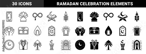 Islamic Religious Symbols Combining Crescent Moon And Star With Traditional Mosque Architecture Prayer Rug And Tasbih In Outline And Solid Style