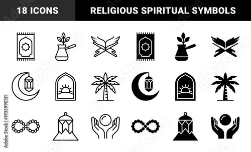 Islamic culture hybrid icon set featuring crescent moon lantern prayer rug and palm tree symbols in minimalist outline and solid flat styles