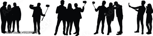 Selfie people silhouettes collection, group of friends taking photos with smartphones vector illustration isolated on white background