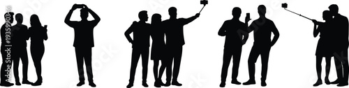 People taking selfie silhouettes set, group of friends with smartphones black vector illustration isolated on white background