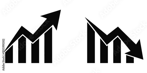 Graph up and down arrow chart icon set with green growth arrow and red decline arrow, business analytics report, finance statistics, and market movement vector