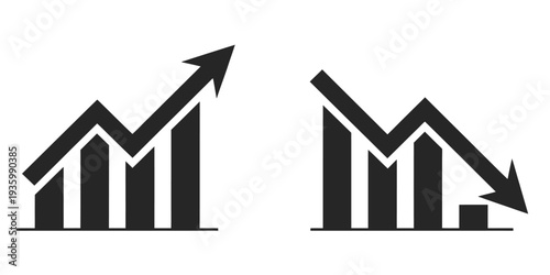 Graph going down and up sign with green and red arrows, vector illustration of bar chart symbols, depicting sales decrease and growth, ideal for business analytics, financial performance, and market