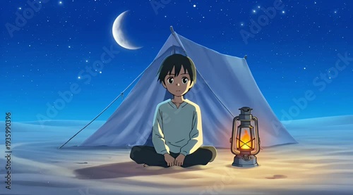 Anime style boy camping in desert at night with crescent moon and lantern wallpaper