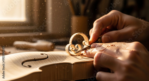 Violin maker meticulously carving delicate scrollwork on a wooden instrument body