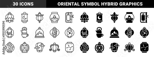Asian lantern and cultural symbol hybrid line and solid icons featuring lotus flower moon bamboo origami crane koi fish mountain and ginkgo leaf