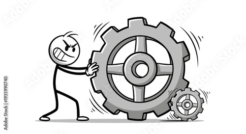 Man Turning Large Gear with Effort.