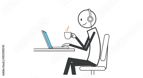 Man Wearing Headphones Working on Laptop.