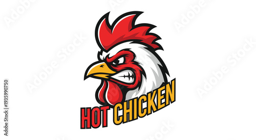 A cartoon chicken head with an angry expression and the words 'HOT CHICKEN' written below it