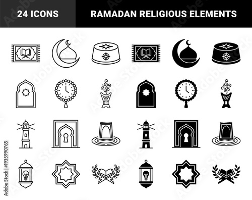 Islamic spiritual symbols and ramadan ritual elements featuring prayer rug with quran masjid crescent moon and tasbih prayer beads in dual outline and solid style