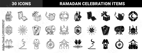 Islamic religious symbols and cultural items featuring dual outline and solid style hybrid designs for Ramadan and Eid Mubarak celebration themes