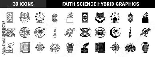 Islamic spirituality and science hybrid icons featuring quran with hands prayer rug compass crescent palm tree ramadan lantern and astronomy telescope symbols