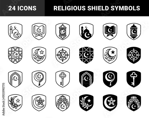Islamic Heraldic Shield Design Featuring Crescent Moon Symbols Combined with Mosque Architecture Quran Holy Book Lantern Rosary and Geometric Arabesque Patterns