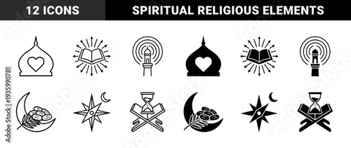 Islamic spiritual and cultural symbols featuring hybrid designs of mosque domes with hearts prayer rugs and quran pages with radiant light beams