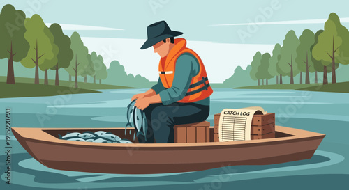 Fisherman in boat with catch and newspaper.