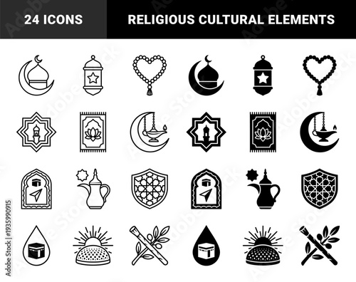 Islamic heritage symbol collection featuring hybrid motifs like crescent moon mosques prayer bead hearts and geometric kaaba architectural elements