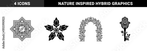 Symmetry and nature hybrid elements featuring hamsa hand with olive tree floral garden archway compass star and key with botanical flourishes