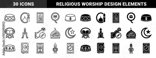 Islamic religious symbols and hybrid prayer assets featuring prayer rug compasses tasbih beads kufi hats and holy quran book illustrations
