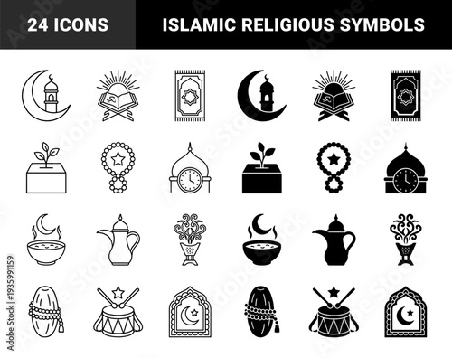 Islamic Ramadan religious symbol collection featuring crescent moon mosque hybrids prayer rugs quran books dates and lantern line art and solid style