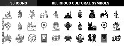 Islamic religious symbols and cultural heritage icons featuring hybrid mosque architecture desert landscape ramadan lantern and quran book designs