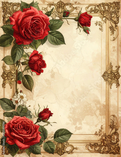 Vintage floral frame with roses and soft pastel botanical details for wedding invitations, greeting cards, stationery, and romantic designs with space for tex