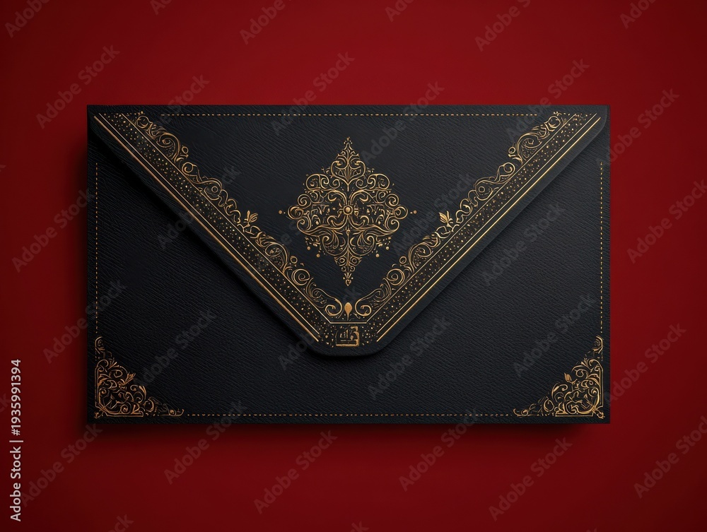 Fototapeta premium black and gold elegant invitation card isolated on a red background