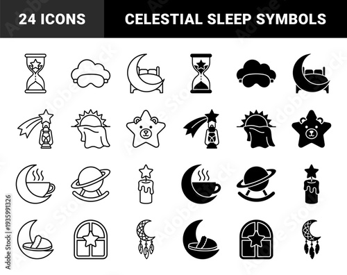 Linear and solid hybrid night time symbols featuring celestial moon merges with bedroom furniture sleep masks and evening relaxation elements