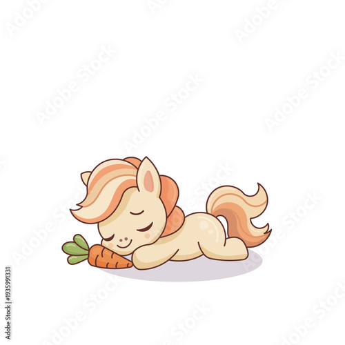 Cute Sleeping Pony with Carrot Cartoon Vector Illustration