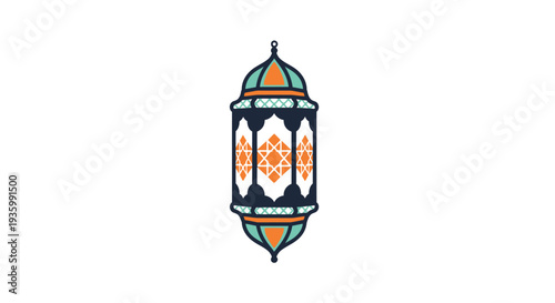 A colorful lantern with intricate design and pattern hanging from a hook on a white background
