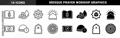 Islamic Religious Hybrid Icon Set Featuring Quran with Lantern Kaaba in Star Frame Mosque Dome with Sun and Prayer Rug with Compass Symbols