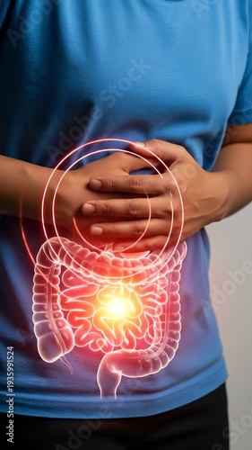 Human experiencing severe abdominal discomfort, glowing digestive system, highlighting inflammatory intestinal disease, gut pain, internal medical condition, health awareness concept