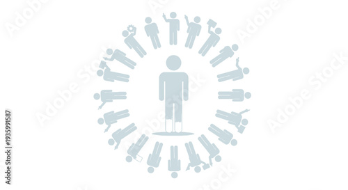 Person surrounded by diverse people icons.