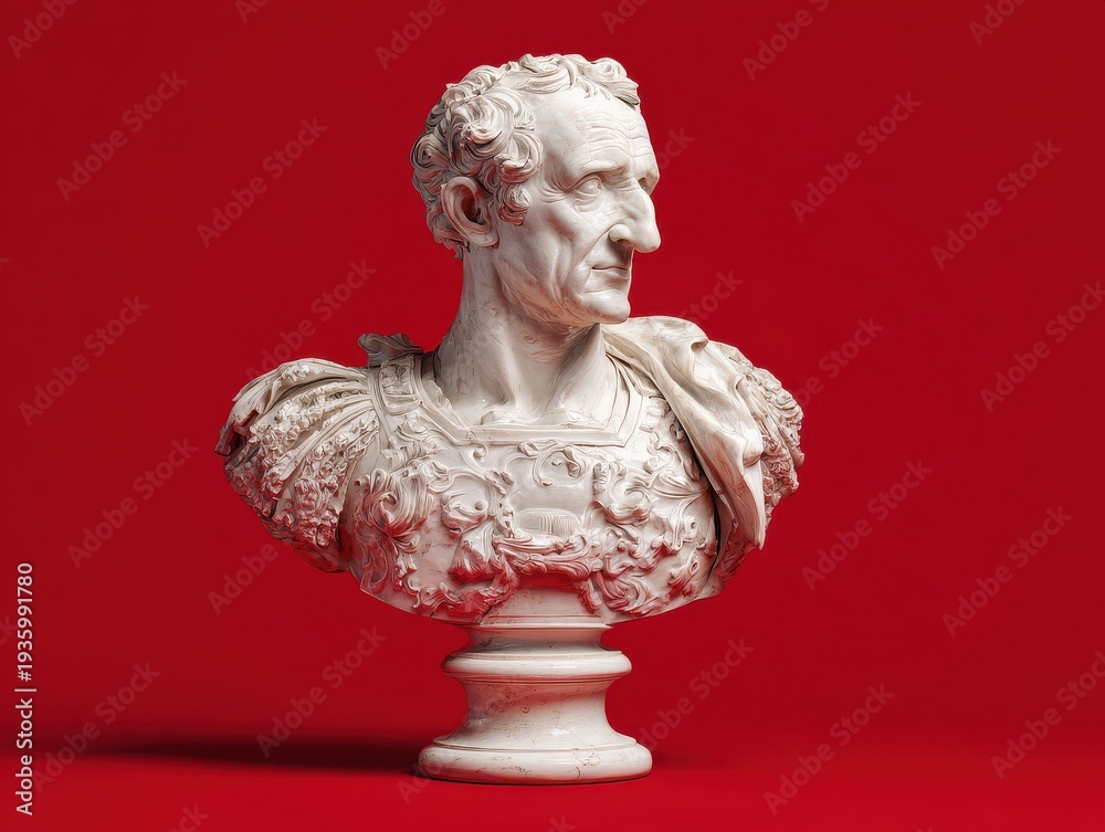 Obraz premium white marble bust of leader isolated on a red background
