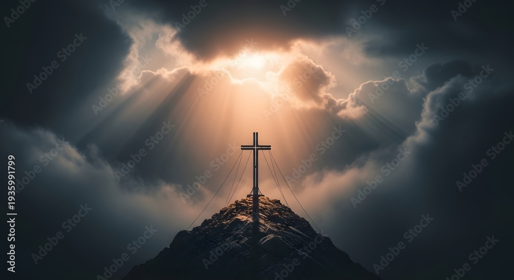 Obraz premium Easter sunday resurrection hope cross on mountain peak with heavenly light