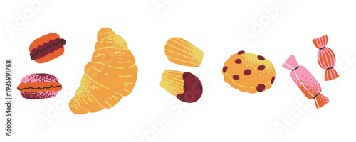 Flat whimsical set with various hand drawn sweets for coffee. Croissant, sweets, macaroons, madeleine.