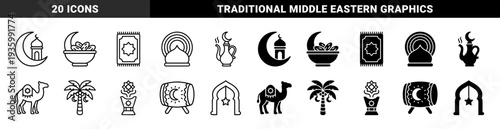 Islamic religious symbols featuring hybrid moon and mosque architecture with traditional dates prayer rug camel and palm tree design elements