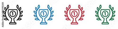 Set of four trophy cups icons in black, blue, red, and green colors for competition, success, and achievement vector illustration