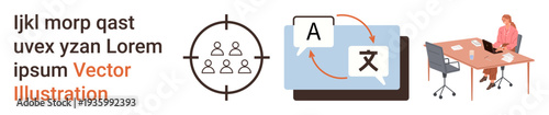 Language translation, remote work, audience targeting, business, communication, workplace organization. Target audience icon and translation interface alongside a remote work setup. Language