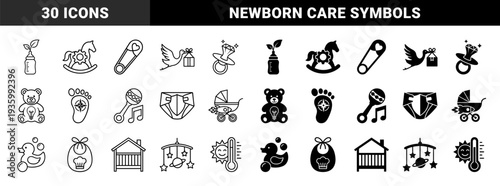 Abstract baby nursery symbols merging infant essentials with conceptual growth and discovery metaphors in a dual line and solid fill hybrid style