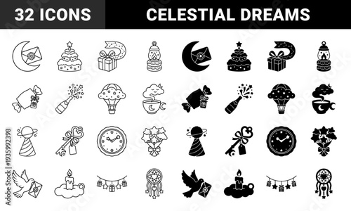 Whimsical dream and celebration hybrid line and solid glyphs featuring celestial moon envelopes star cake gifts and magical dove messengers