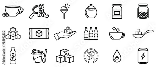 Coffee and Beverage Outline Icon Set – Tea Cup, Honey, Jar, Drinks and Cafe Ingredient Linear Vector Collection