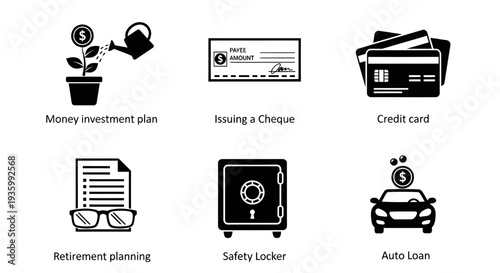 Shopping and business web icon set with camera computer car bank money travel book video internet and media symbols in simple black vector design