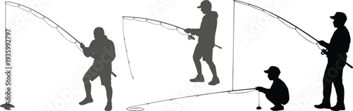 fishing silhouettes set with fisherman and rod, angling activity collection, outdoor sport hobby vector illustration isolated design