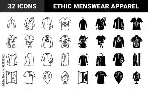 Traditional South Asian Menswear Kurta Icons Featuring Tailoring Measurements Embroidery Patterns Apparel Manufacturing and Retail Shopping Symbols