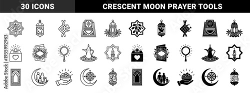Islamic Ramadan religious symbol collection featuring hybrid designs of crescent moons with family silhouettes and lanterns with peace doves