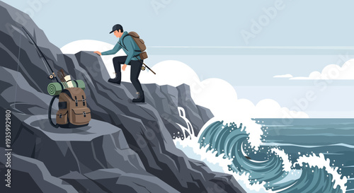 Man climbing rocky cliff near ocean waves with backpack.