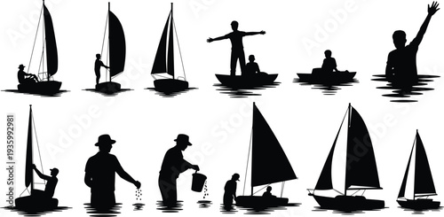 fishing and sailing boat silhouettes set, people boating activities collection, water sport and marine lifestyle vector illustration