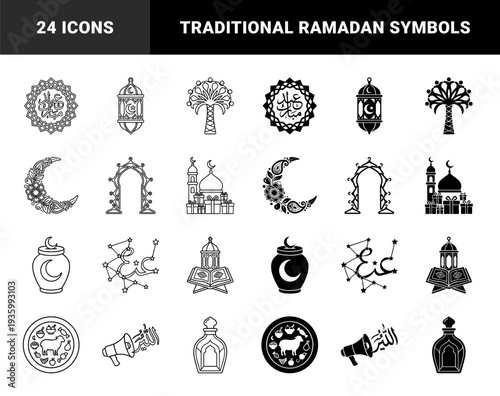 Islamic cultural celebration elements featuring ornate crescent moon motifs ramadan lanterns mosque architecture and traditional sheep sacrifice in linear and solid styles